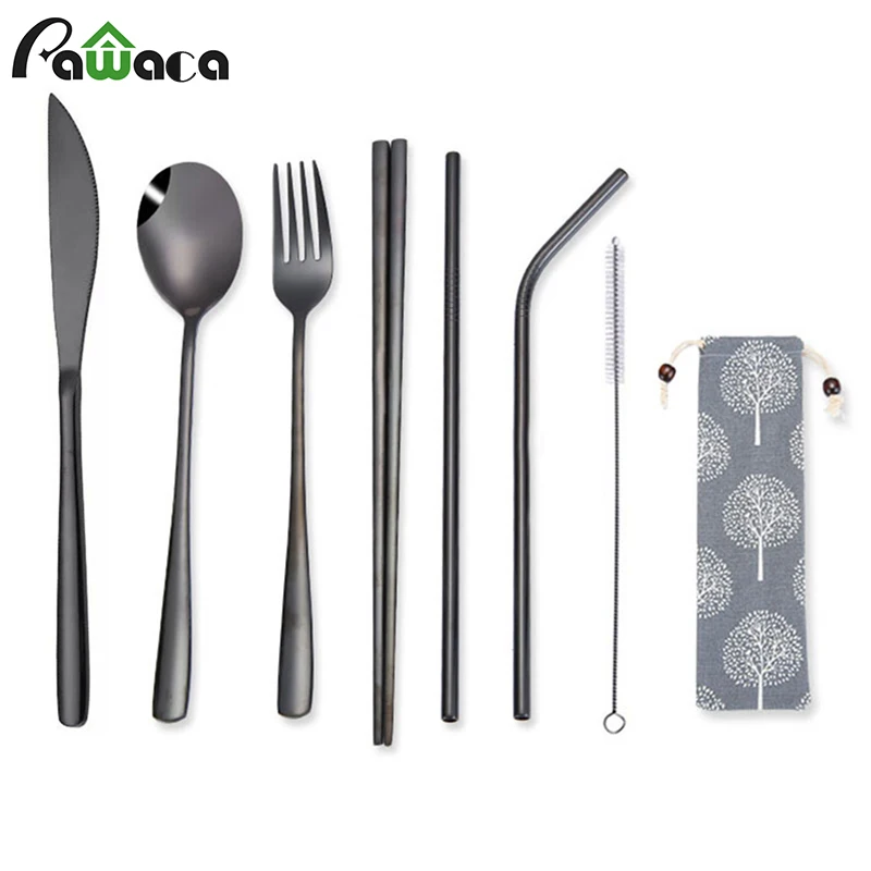 

7PCS Dinnerware Set Reusable Stainless Steel Fork Knife Spoon Chopsticks Straw with Cleaning Brush Cutlery Set for Travel Picnic