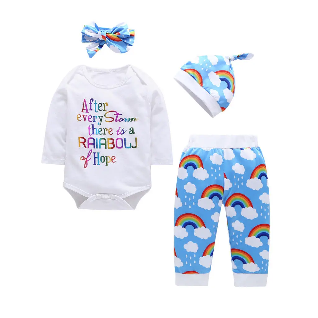 Весенне-осенняя хлопковая одежда с длинными рукавами для новорожденных мальчиков и девочек белый комбинезон с надписью+ длинные радужные штаны+ шапочка+ повязка на голову - Цвет: As Show