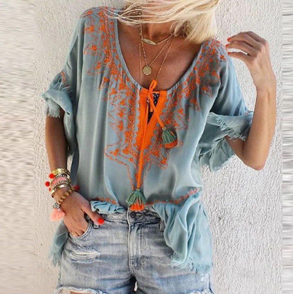 

Summer Tops Fashion Lace Up Women Blouse Boho Printed Loose Tee Casual Top Female Short Sleeve Shirt Blusas Women Clothing 2019