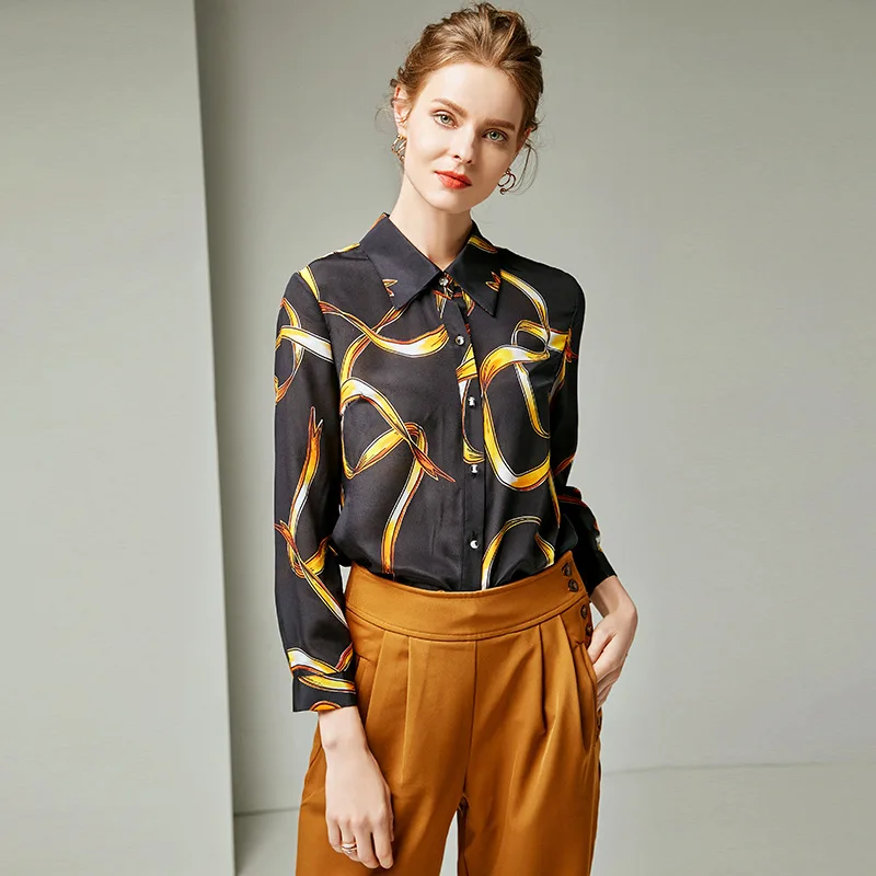 

R10060 New Fashion 2019 European Cardigan Women Tops Spring New Lapel Long Sleeve Retro 100% Silk Blouse Printed Floral Shirt