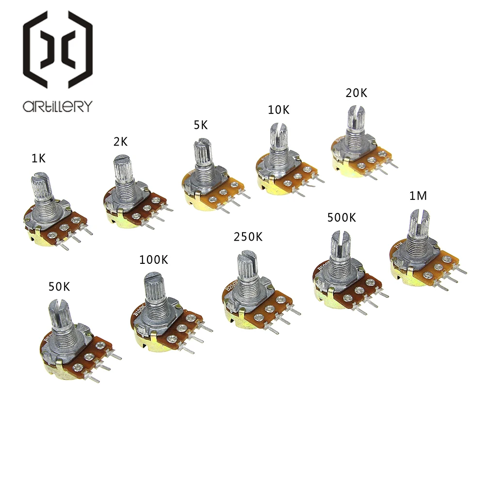 cheap 10Pcs WH148 Linear Potentiometer B1K B2K B5K B10K B20K B50K B100K B250K B500K B1M 15mm Shaft With Nuts Washers 3pin WH148