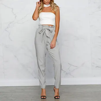 

Fashion Bow Ruffles Trousers For Women Drawstring High Waist Casual Elastic Waist Pants Pockets Solid Sweet Harem Pants Summer