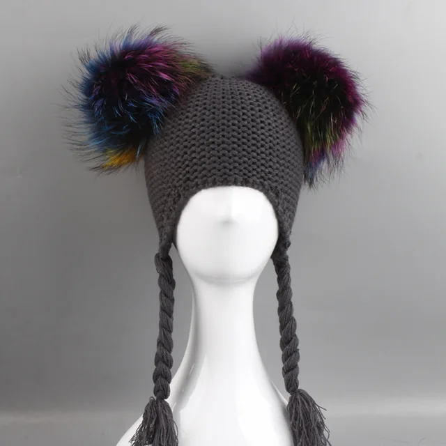 Women Acrylic Bomber Hats 15CM Multi Raccoon Fur Pom Pom Winter Lady