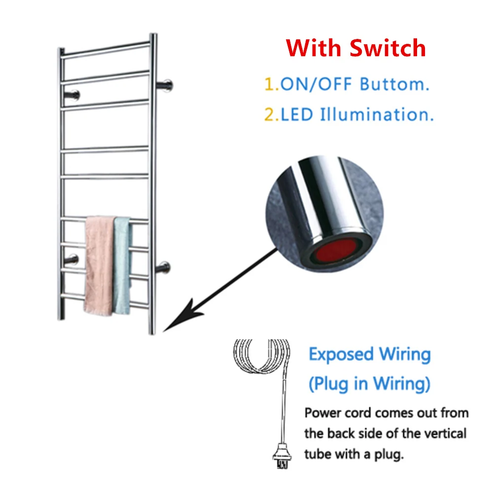 Из нержавеющей стали 304 Лестница Стиль Настенный полотенцесушитель держатель нагревателя Электрический Полотенцесушитель HZ-927A - Цвет: switch and plug