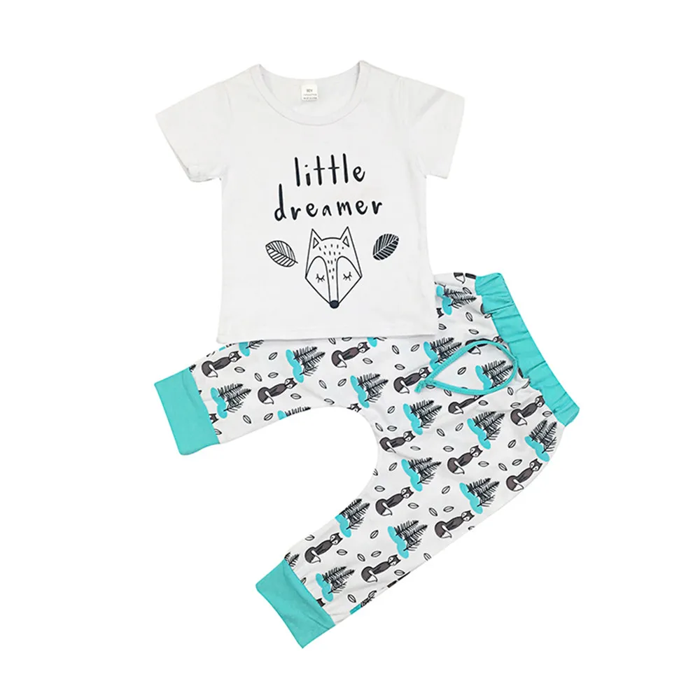 

2PC Kids Letter T-shirt Baby Boys Girls Clothes Outfit Newborn Clothing Infant Boy Girl Fox Pine Tree Printing Top Pants Set