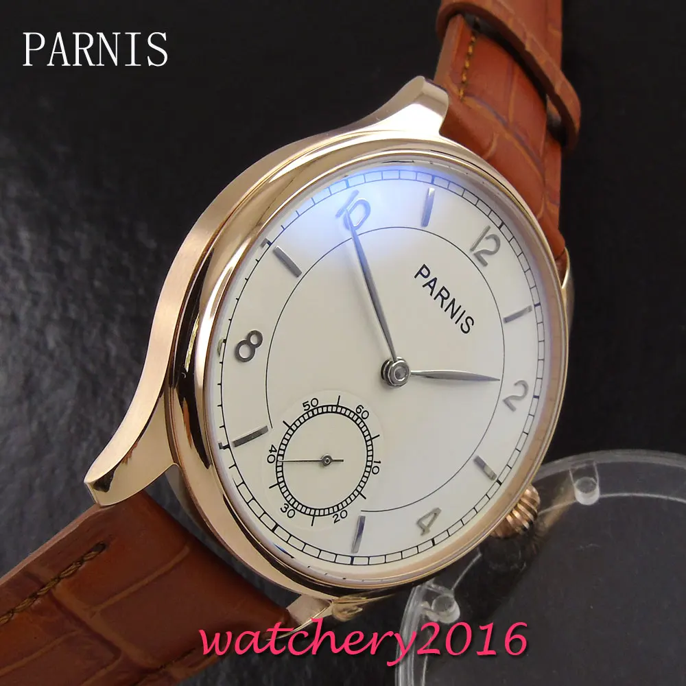 

PARNIS New 44mm white dial rose golden case Luxury Brand Leather strap 17 jewels hand winding 6498 movement Men's WristWatch