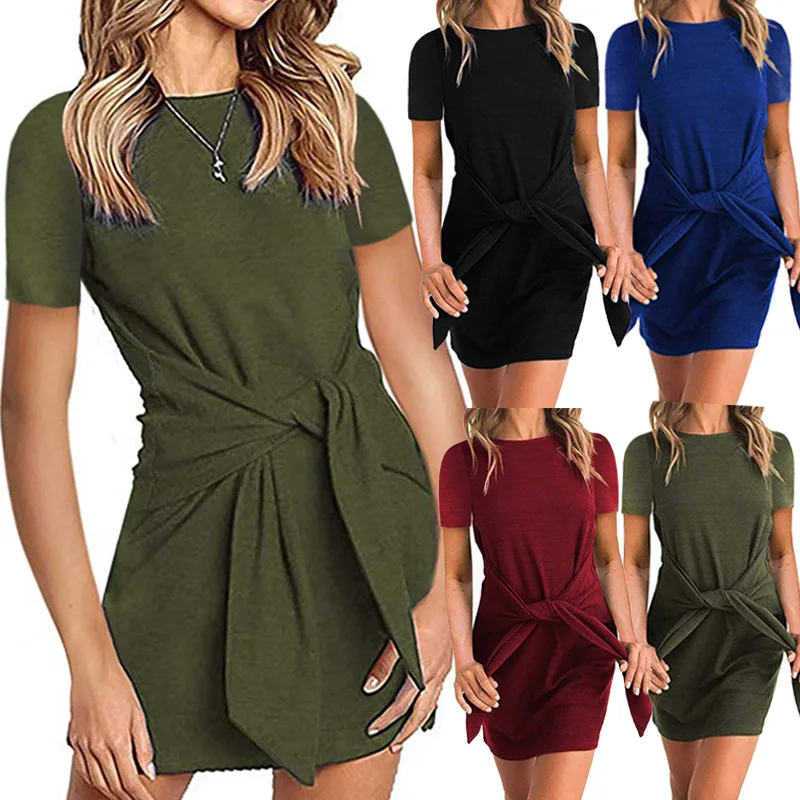 

2019 Women Dress Female women's summer sundress Self Tie Knot Casual Mini T Shirt tunic dress Womens Bodycon Dresses