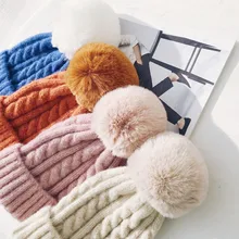 Осенне-зимняя шапка из искусственного меха с помпоном, женская теплая шапка карамельного цвета, шерстяная вязаная шапочка для девочки, шапки с помпонами, шапка для женщин