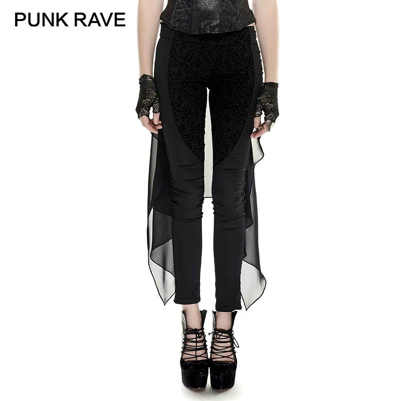 

PUNK RAVE Gothic Elastic Waist Floral Pattern Mesh Forktail Trousers Women Black Spliced High Waisted Skinny Pencil Pants