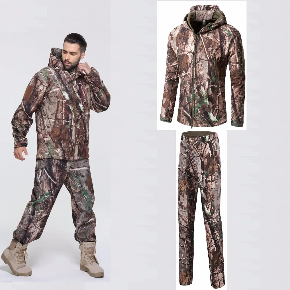 

Men Outdoor Soft Shell Jacket Pants Hiking Clothes Tactical Windproof Camouflage Windbreaker Bionic Camouflage Hunting Clothes