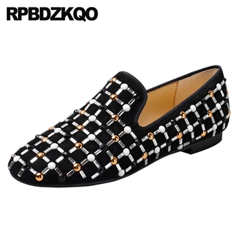 

Pearl Ladies Beautiful Flats Shoes Rivet Black Stud Suede Diamond 10 Handmade Crystal Rhinestone Loafers Large Size 41 Women
