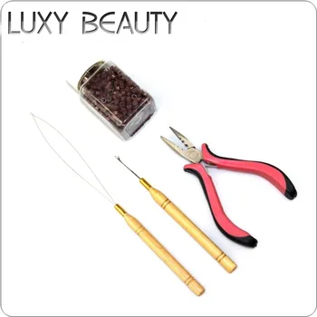 

Hair Extensions Starter Kits 250pcs Silicone Micro Rings Beads+1 Hook Needle+1 Loop Threader +1pc 3 holes Extensions Plier