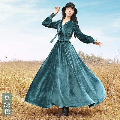 Lynette's chinoisury зимнее женское винтажное тонкое бархатное платье с завышенной талией, базовое цельнокроеное платье - Цвет: Зеленый