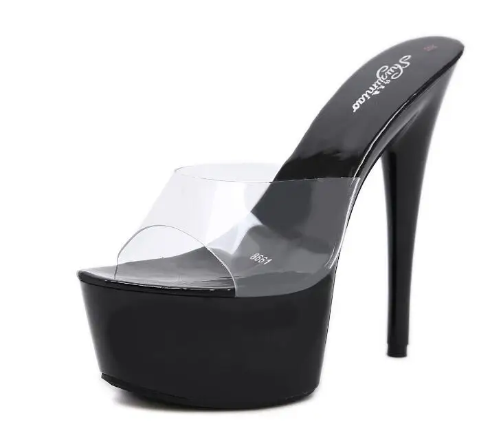 New Women Slipper Crystal Fine Heel 15cm Slipper Female Summer Waterproof 15cm Prevent Thick Bottom Sexy Shoes Factory Price - Цвет: Черный