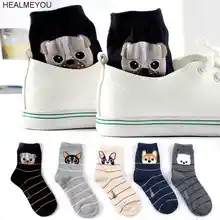 Женские носки в полоску с забавным бульдогом и Мопсом хаски, женские носки на весну и зиму, теплые носки с мультяшными животными и собаками