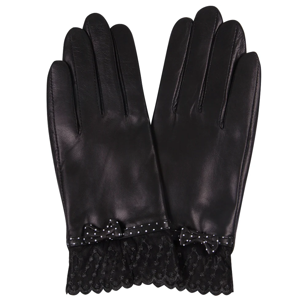 

Genuine Leather Gloves Female Winter Driving Non-Slip Thicken Plush Lined Elegant Butterfly Knot Sheepskin Gloves L18009NC