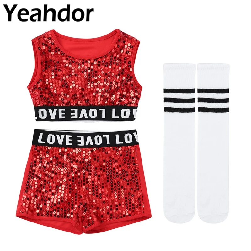 

Kids Girls Shiny Sequins Dancing Costumes Sleeveless Crop Top Booty Shorts Socks Children Hip-hop Jazz Street Dance Clothes Set