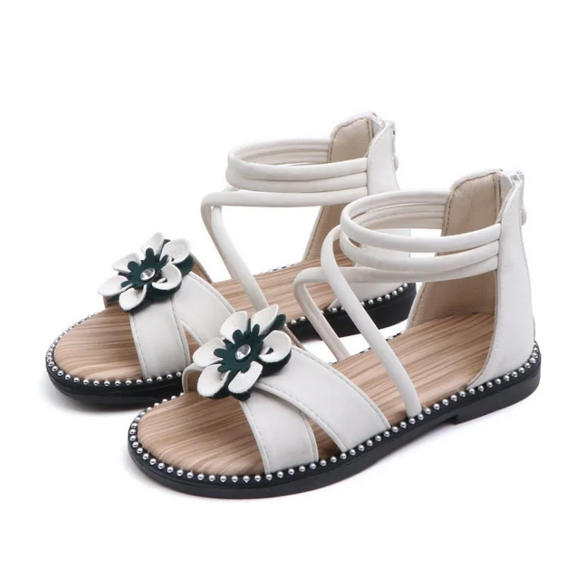 Летние сандалии для девочек; платье принцессы для маленьких девочек; пляжные сандалии в римском стиле; гладиаторы; обувь с цветами