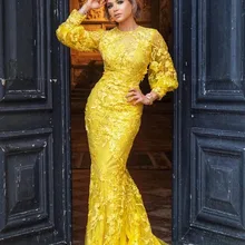 Золотое, желтое, кружевное, с длинным рукавом, Дубай, вечернее платье, Русалка, 3D, флора, арабский стиль, знаменитостей, выпускные платья размера плюс, длинные, официальные платья