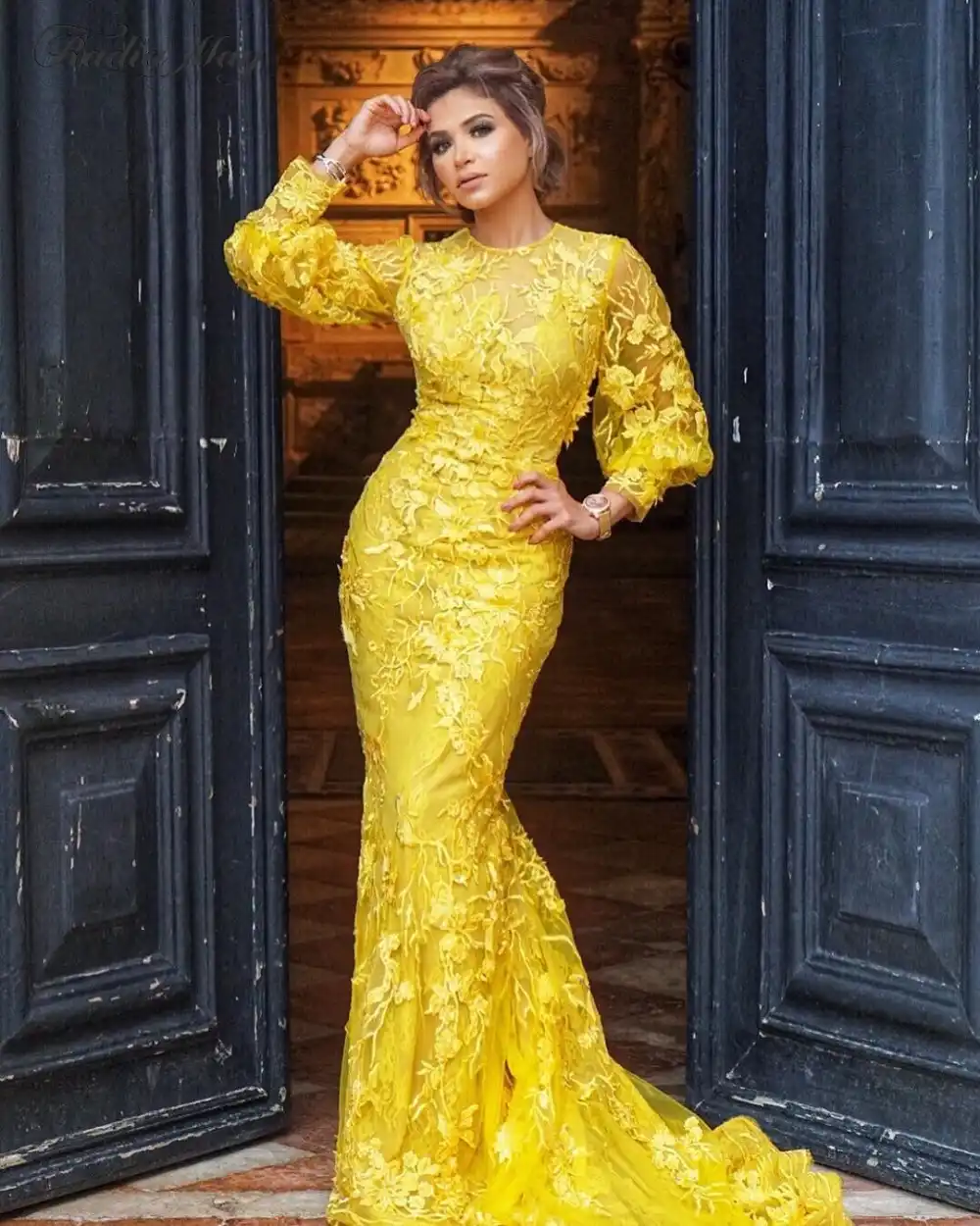 yellow evening dress with sleeves