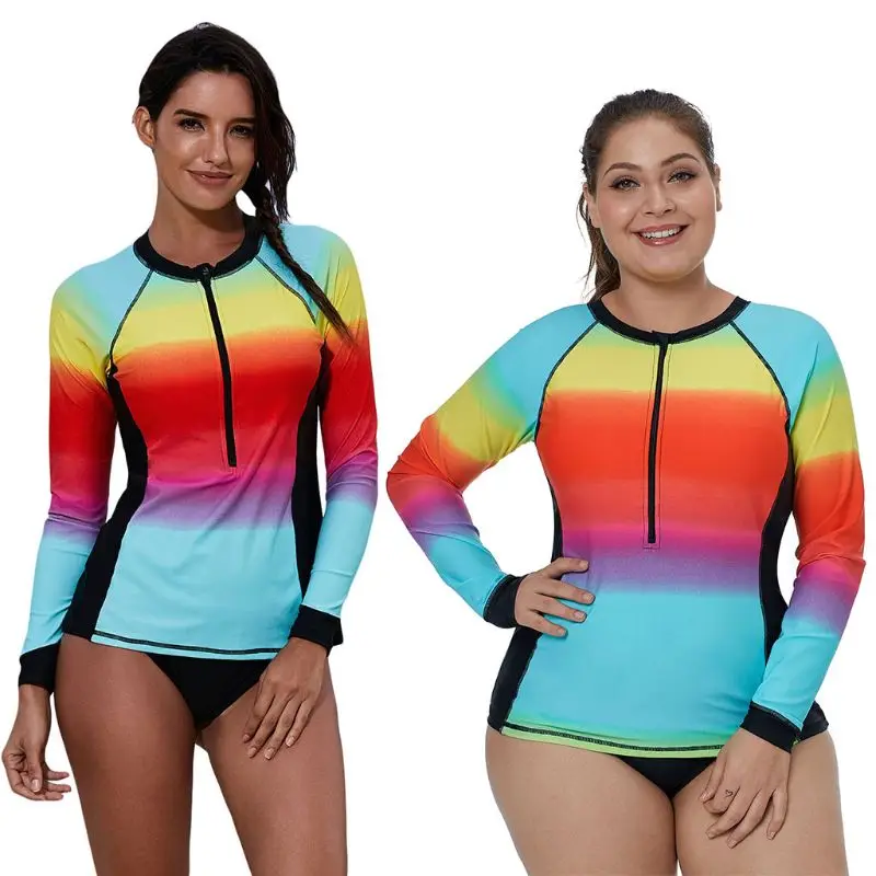 

Womens Plus Size Two Piece Long Sleeve Rash Guard Quick Dry Color Block Rainbow Stripes Printed Surfing Swimsuit Zip Front Bathi