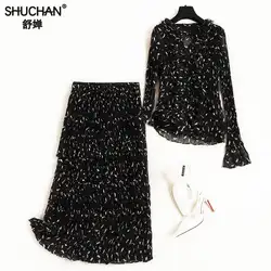 Shuchan Conjunto Feminino комплект из 2 предметов для женщин шифоновый пуловер с принтом расклешенными рукавами прерия шик + эластичный пояс юбки для