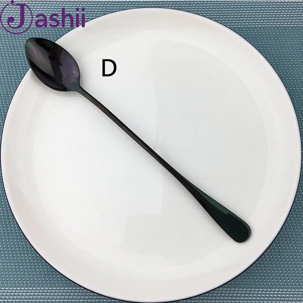 JASHII Радужная черная кофейная ложка из нержавеющей стали с длинной ручкой, ложка для мороженого, десерта, чая, кофе, фруктового сока, ложка для пикника - Цвет: D