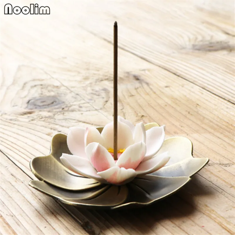 Ceramic Antique Lotus Incense Burner with Copper Incense Base Incense Stick Holder Aromatherapy Censer Home Teahouse Decor