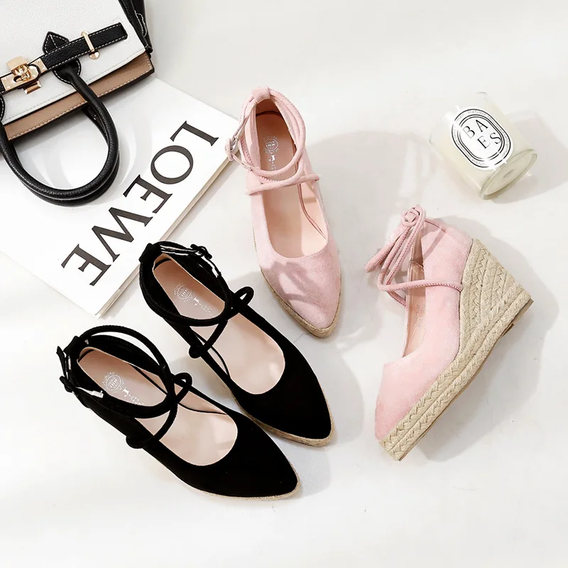 

2019 autumn new comfortable simple solid color wedge with lace single shoes female suede comfortable pointed casual high heels.