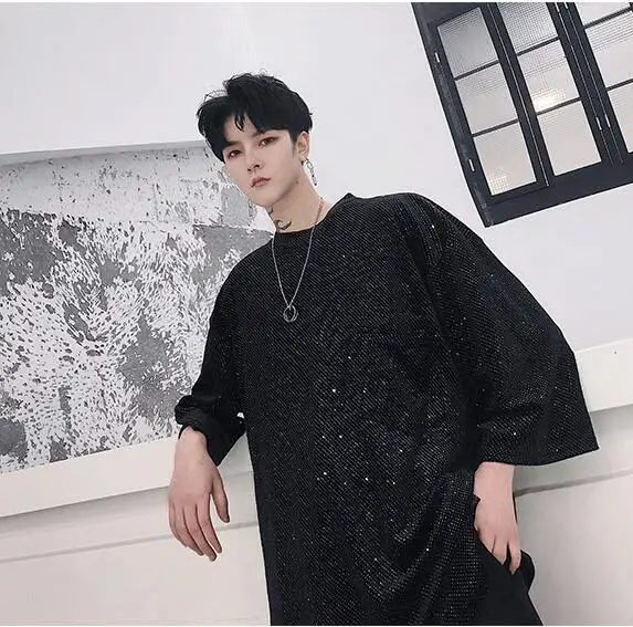 M-xl! Летняя Корейская Серебряная Блестящая футболка с рукавом в семь точек tide брендовая мужская широкая версия Темная футболка
