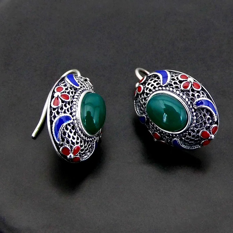 

FNJ 925 Silver Cloisonne Earrings for Women Jewelry Green Chalcedony Stone S925 Sterling Silver boucle d'oreille Drop Earring