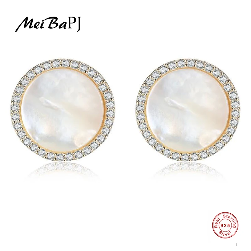 

[MeiBaPJ] Natural Seashell Round Stud Earrings Real 925 Sterling Silver Gold Plated Fashion Earrings for Women SY SY