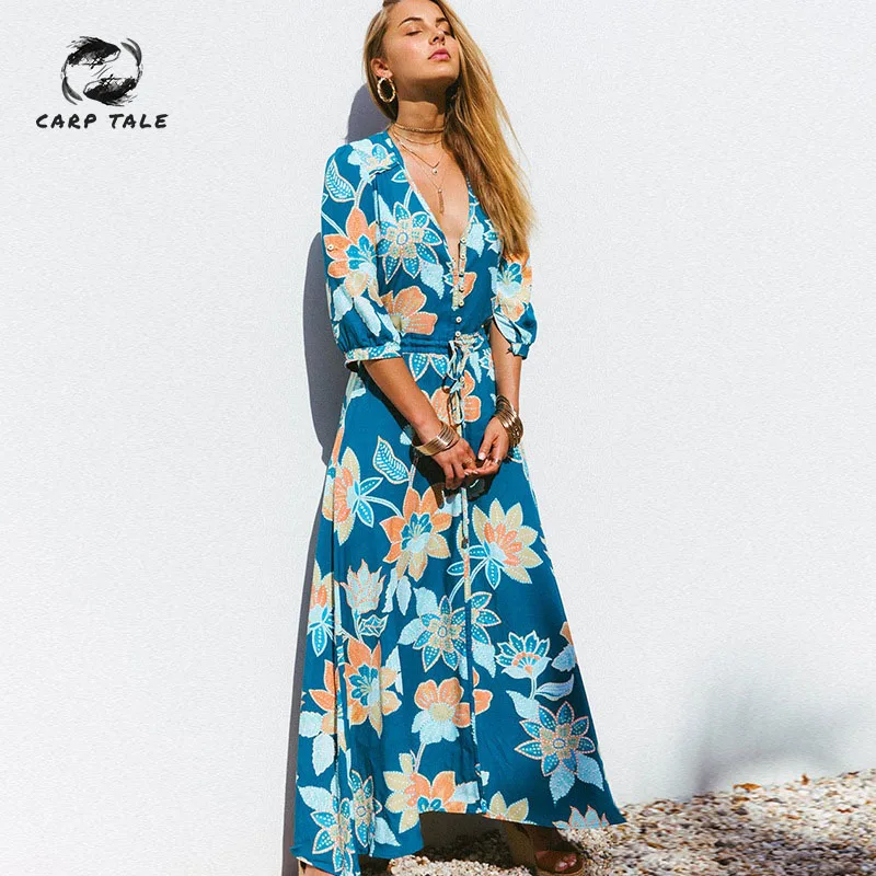 

CARP TALE 2019 Summer Deep V Two Split Print Beach Dress Kafftan Long Sleeve Ruffle Seaside Maxi Dress BE0100