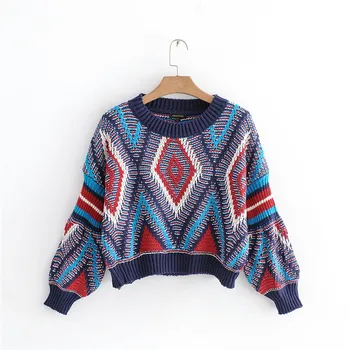 

High Quality Women Runway Sweaters Luxury Knitted Pullovers 2018 Winter Argyle Vintage JumpersLantern Sleeves Autumn Tops