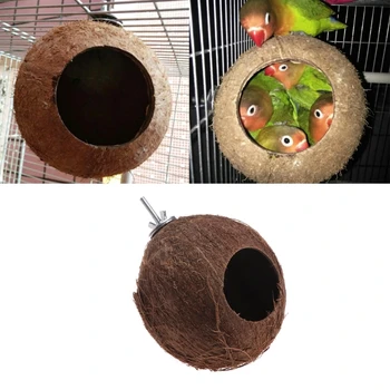 Bird Parrot Finch Nest Natural Coconut Shell Hanging Chain Cage Toys Swing House 090 1