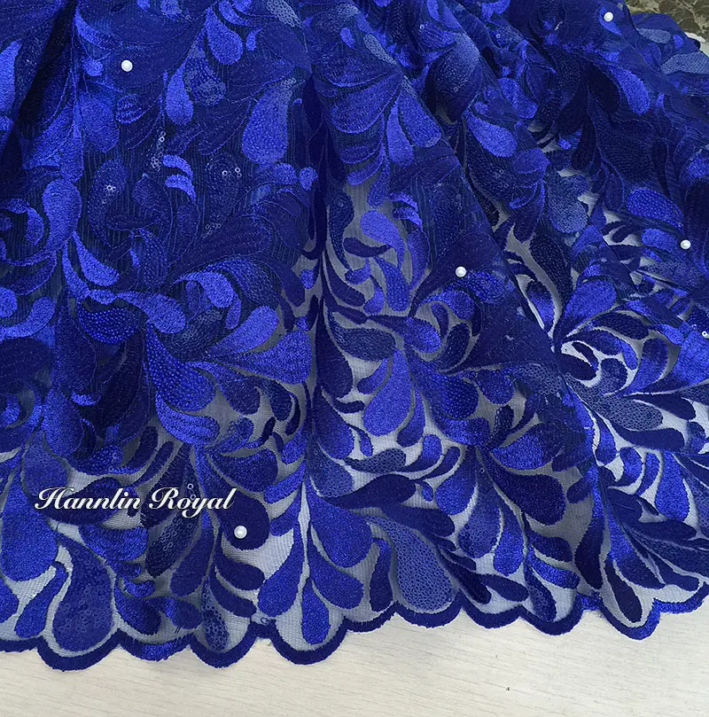 

pure blue high Quality French Lace With sequins African lace tulle fabric 9373 top grade 5 yards/pc