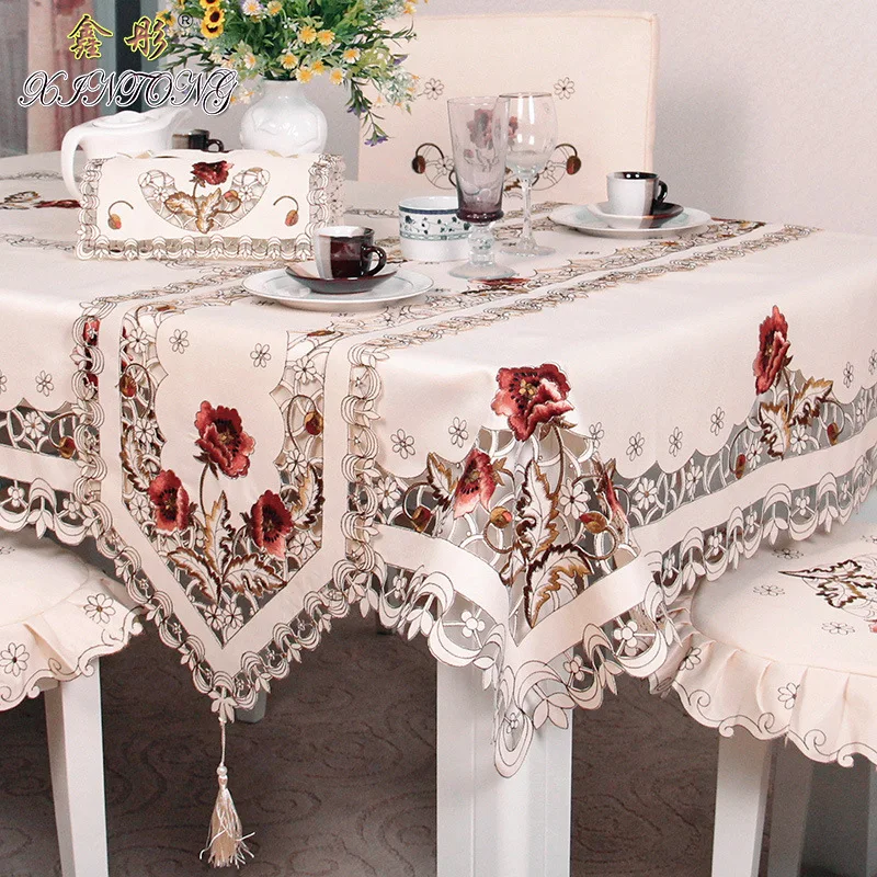

#A Table Linen Tablecloth with Tea Table European Idyllic Embroidered Tablecloth Hollow Embroidered Tablecloth X608-03