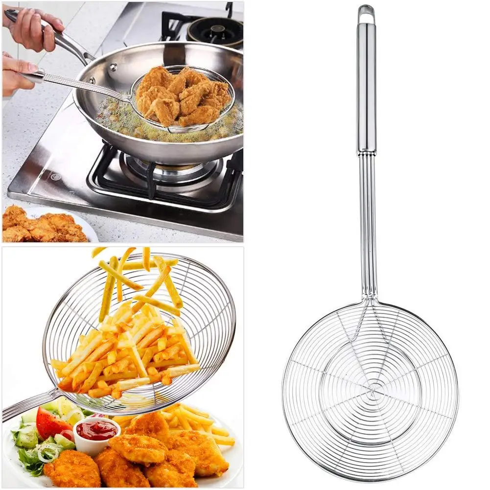 

1Pc Round Stainless Steel Frying Food Colander With Long Handle Oil Strainer Net Mesh Ladle Filter Grid Scoop Kitchen Tools