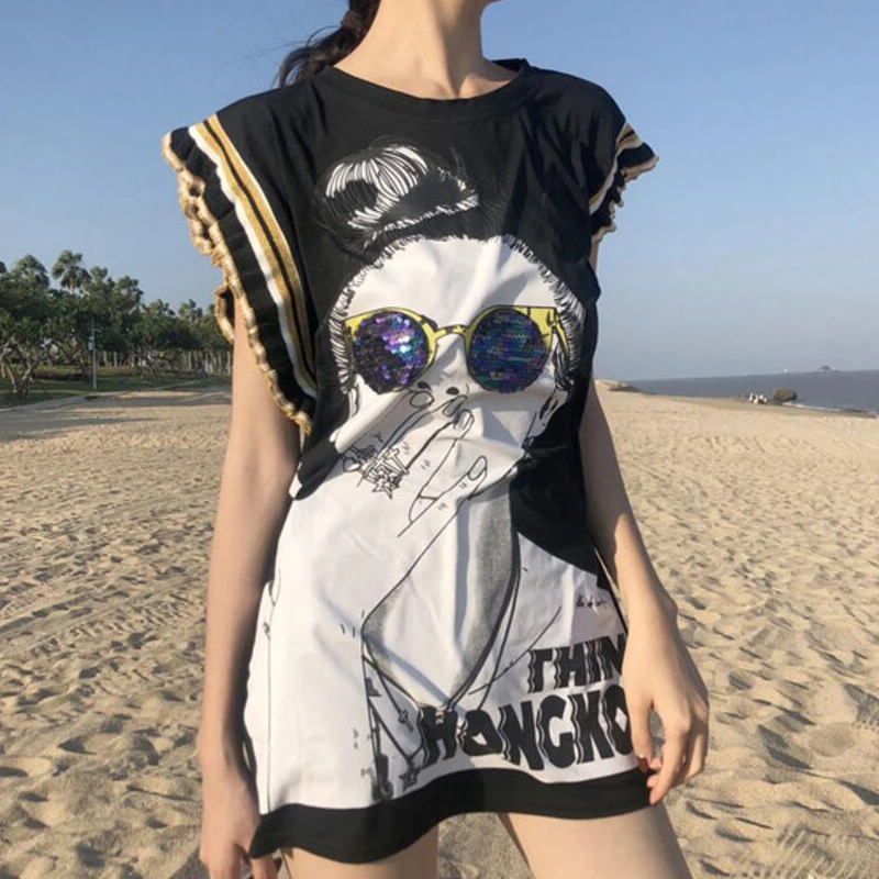 

Women Summer T Shirt Sleeveless Long Tops Round Neck Sequined Character Print Casual Hip Hop Loose Tees Shirts