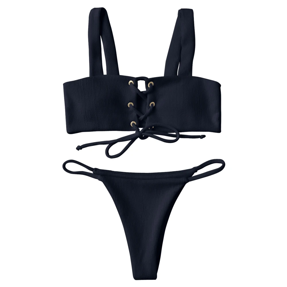 ZAFUL Новинка 2017 года Для женщин пикантные Кружево Up Ribbed текстура бикини с низкой