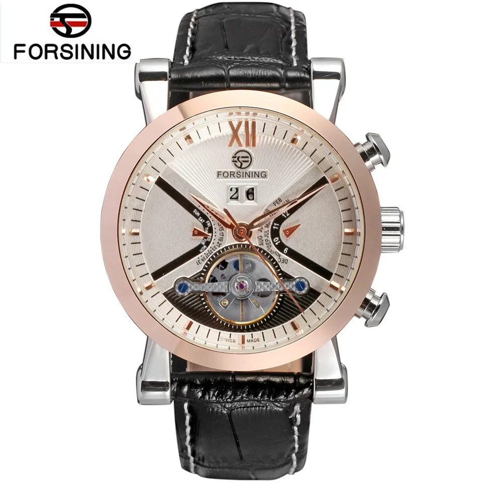 Tanie FORSINING marka męskie zegarki mechaniczny skórzany zegarek różowe złoto czarna obudowa Tourbillon Dial mężczyźni zegarki