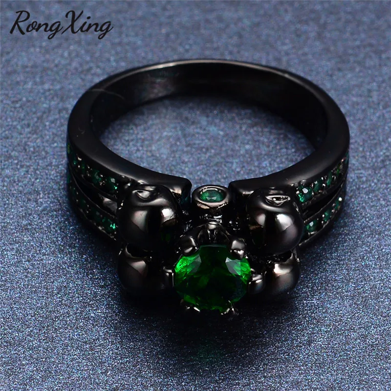 RongXing Круглый Белый огненный опал кольца с черепом для женщин черное золото заполнены фиолетовый/красный/синий/зеленый циркониевый камень кольцо в стиле панк; бижутерия