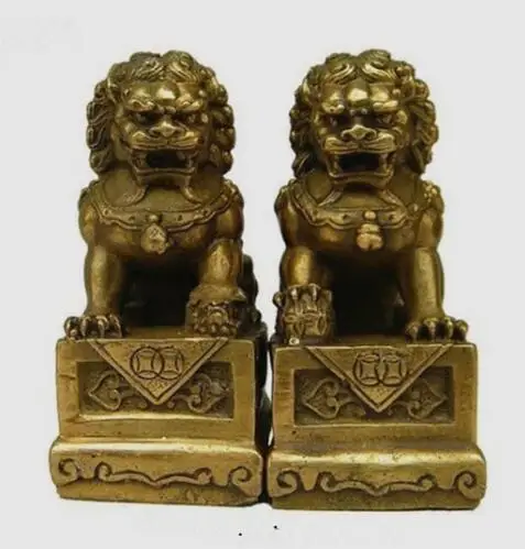 

China Chinese Brass Folk Fengshui Foo Fu Dog Guardion Door Lion Statue Pair