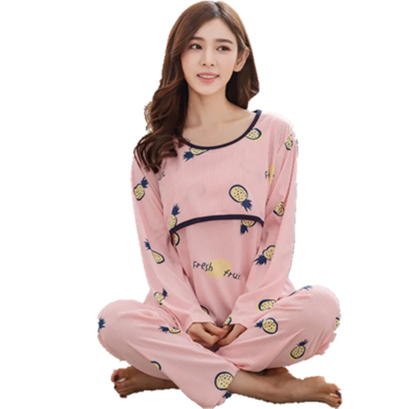 

Fashion Maternity Clothes Cartoon long sleeved Sleepwear Breastfeeding nightgown Nursing Pajamas for Pregnant Women 2pcs/ Set