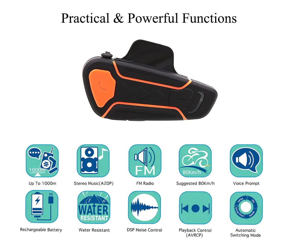 WT003 1000m Motorcycle Helmet Bluetooth Wireless Walkie Talkie