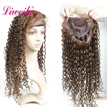 

Liweike Deep Curly Color 4 13*4 Lace Front Wigs Human Hair Remy Brazilian Hair Medium Brown Lace Wig Pre Plucked 150% Density #4