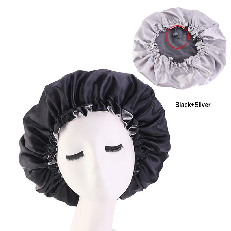 На заказ логотип Реверсивный атласный капот двухслойный регулируемый размер женский шелковистый капот высокая эластичная лента головной убор - Цвет: Черный