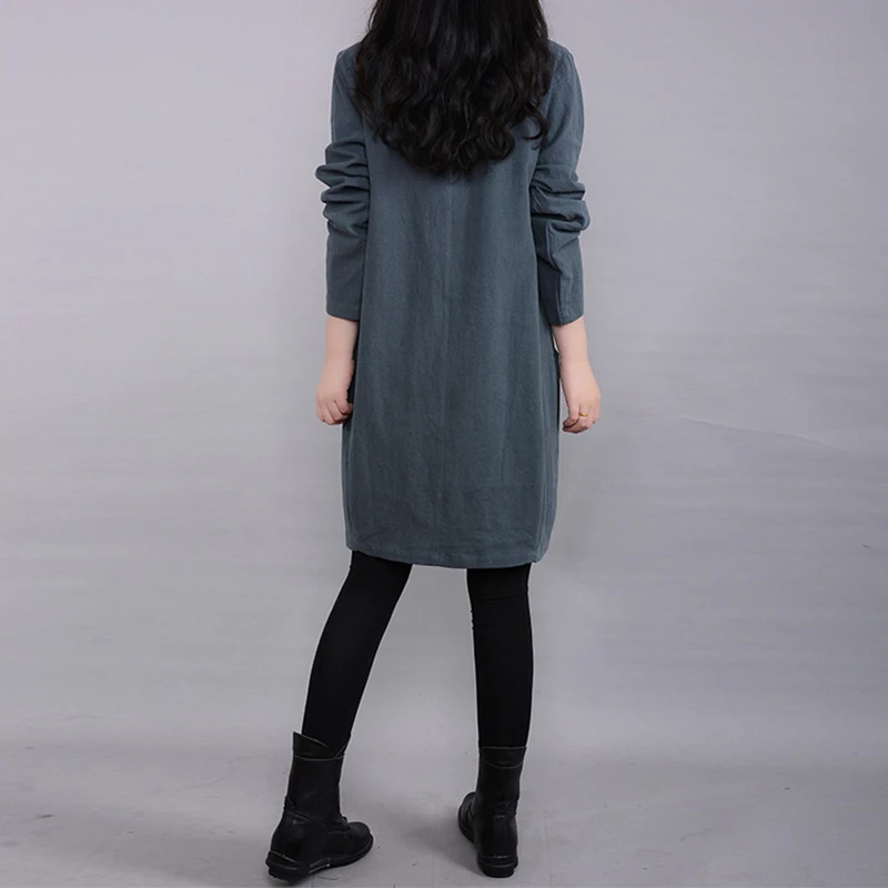 Cotton Linen Women's Long Sleeve Dress Ladies Solid Casual Loose Party Dress New