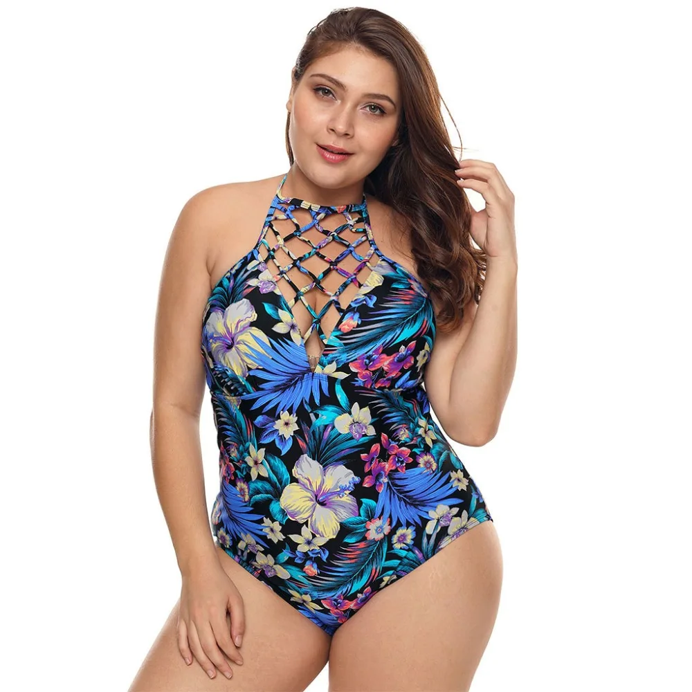 

Womens Plus Size Sexy One Piece Criss Cross Hollow Out Gird Halter V-Neck Tropical Floral Leaves Printed Backles