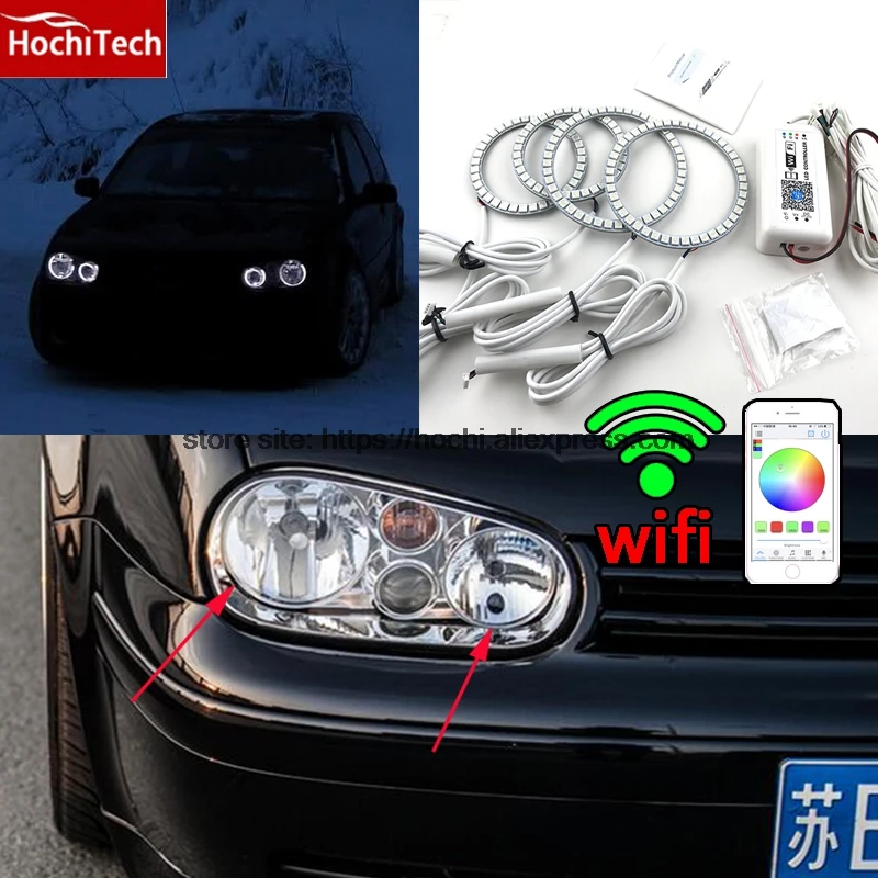 HochiTech Excellent RGB Multi-Color halo rings kit car styling for VW Volkswagen golf 4 1998-04 angel eyes wifi remote control hochitech for mazda cx 7 cx 7 2006 2012 car styling rgb led demon angel eyes kit halo ring day light drl with a remote control